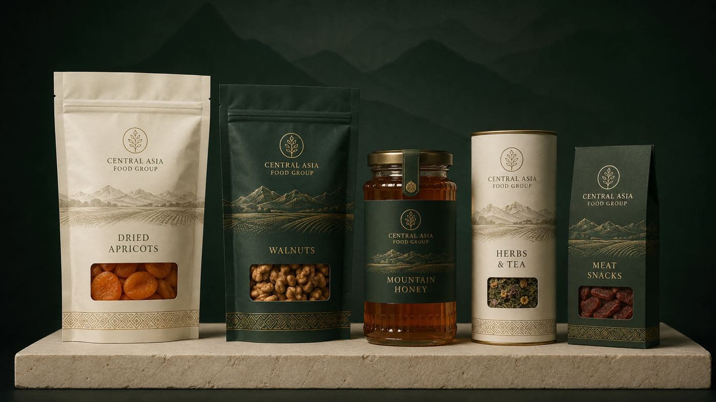 Five Central Asia Food Group packages for apricots, walnuts, honey, tea and meat snacks