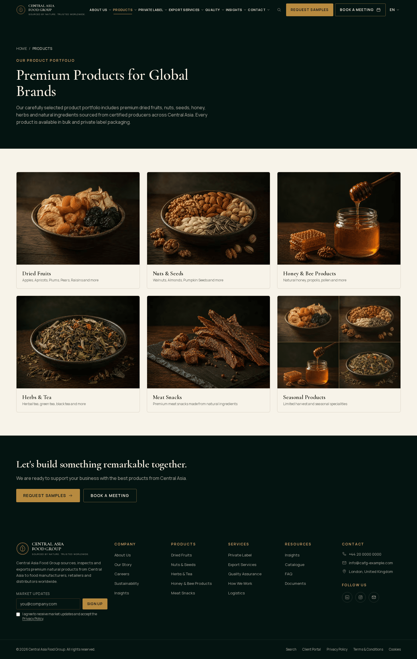Desktop product-category overview with six food sourcing categories