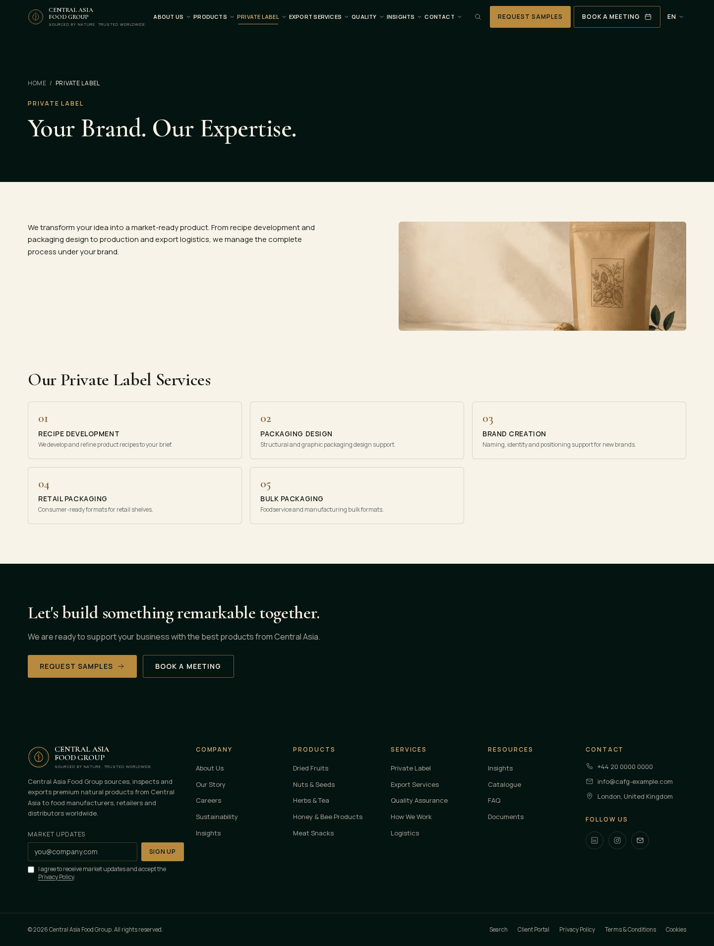 Private-label service page in forest green, cream and brass
