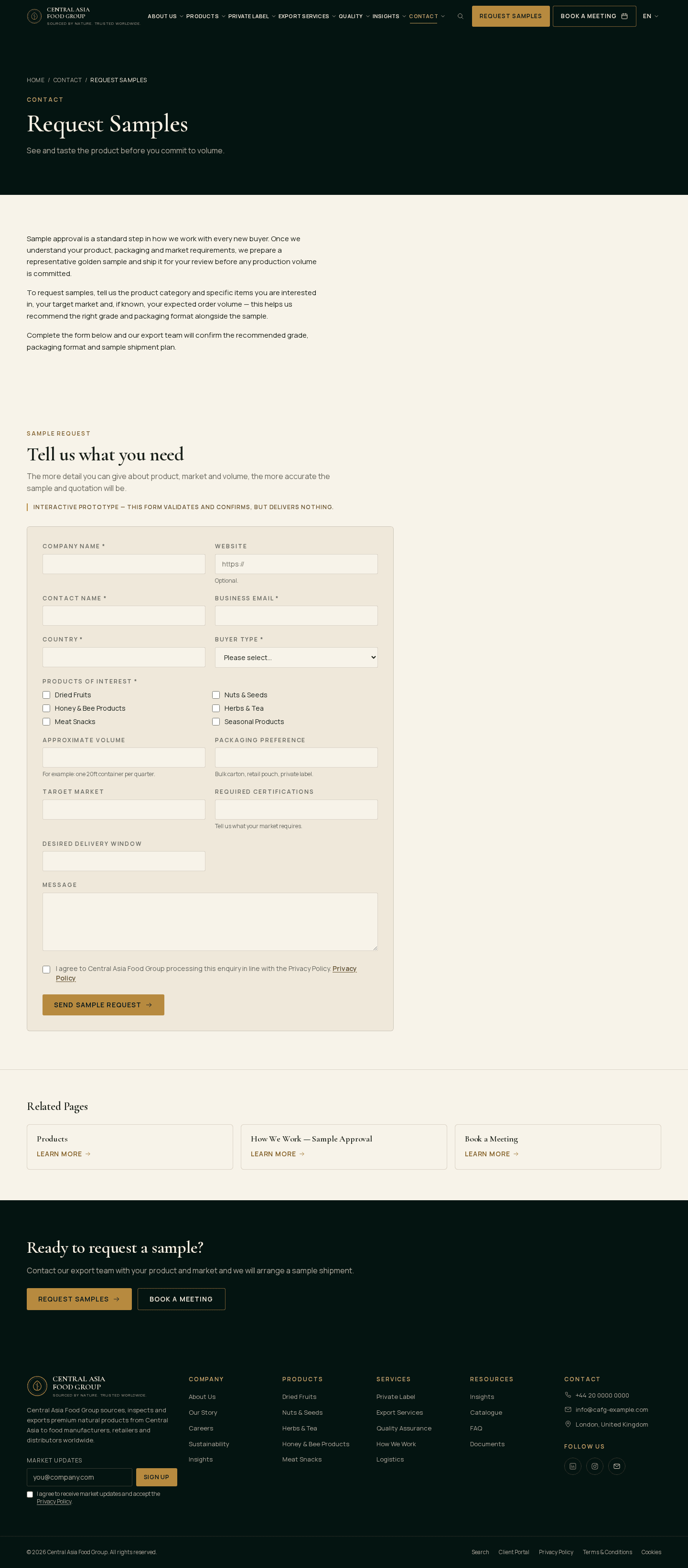 Structured request-samples journey and enquiry form
