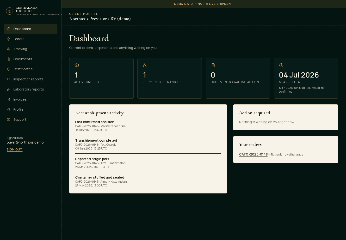 Demo client portal dashboard with fictional shipment data