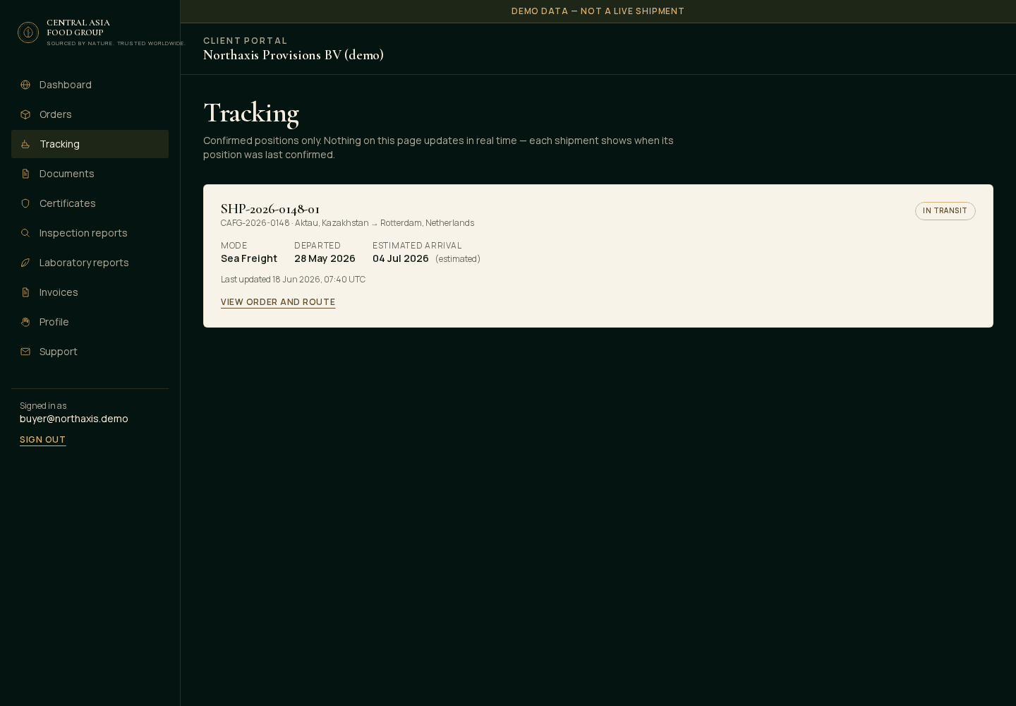 Demo desktop shipment tracking screen with fictional records