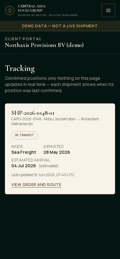 Mobile version of the fictional demo shipment tracker